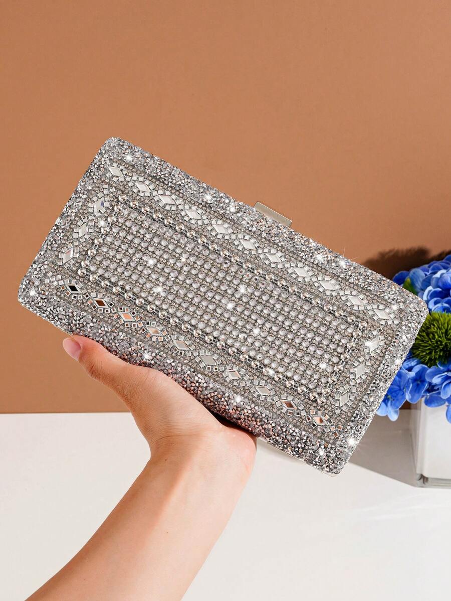水鑽裝飾盒型包魅力四射手拿包適合派對 - 銀色 - 查看 1