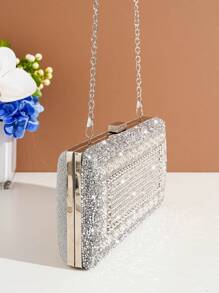 水鑽裝飾盒型包魅力四射手拿包適合派對 - 銀色 - 查看 5