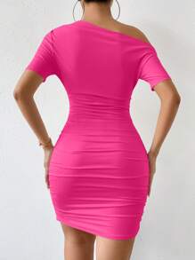 SHEIN Privé Đầm Xù Bất đối xứng màu trơn Thanh lịch - Màu Hồng Tươi - Xem 2