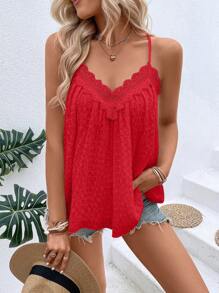 Breezaya Top de camisilla de encaje con contraste sólido para ropa de Año Nuevo - Rojo - Ver 4