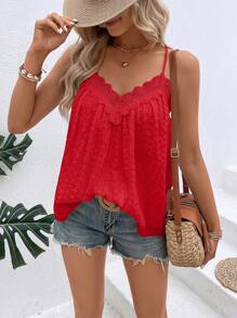 Breezaya Top de camisilla de encaje con contraste sólido para ropa de Año Nuevo - Rojo - Ver 6