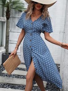 SHEIN Holidaya 波點圖案蝴蝶袖前紐扣洋裝 - 霧霾藍 - 查看 4