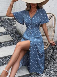 SHEIN Holidaya 波點圖案蝴蝶袖前紐扣洋裝 - 霧霾藍 - 查看 6