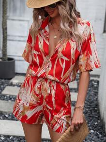 SHEIN VCAY 圖案印花落肩袖襯衫和短褲 - 紅色 - 查看 1
