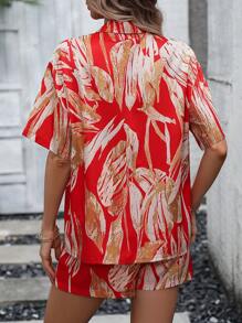 SHEIN VCAY 圖案印花落肩袖襯衫和短褲 - 紅色 - 查看 2