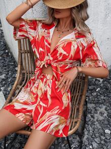 SHEIN VCAY 圖案印花落肩袖襯衫和短褲 - 紅色 - 查看 3