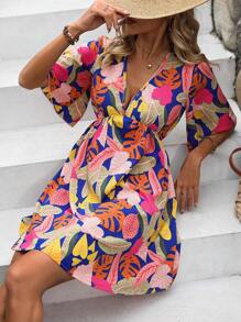 SHEIN Holidaya 熱帶圖案蝴蝶袖連衣裙 - 彩色 - 查看 6