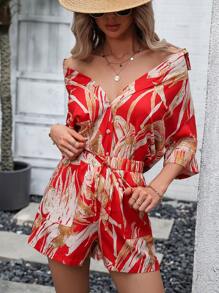 SHEIN VCAY 圖案印花落肩袖襯衫和短褲 - 紅色 - 查看 6