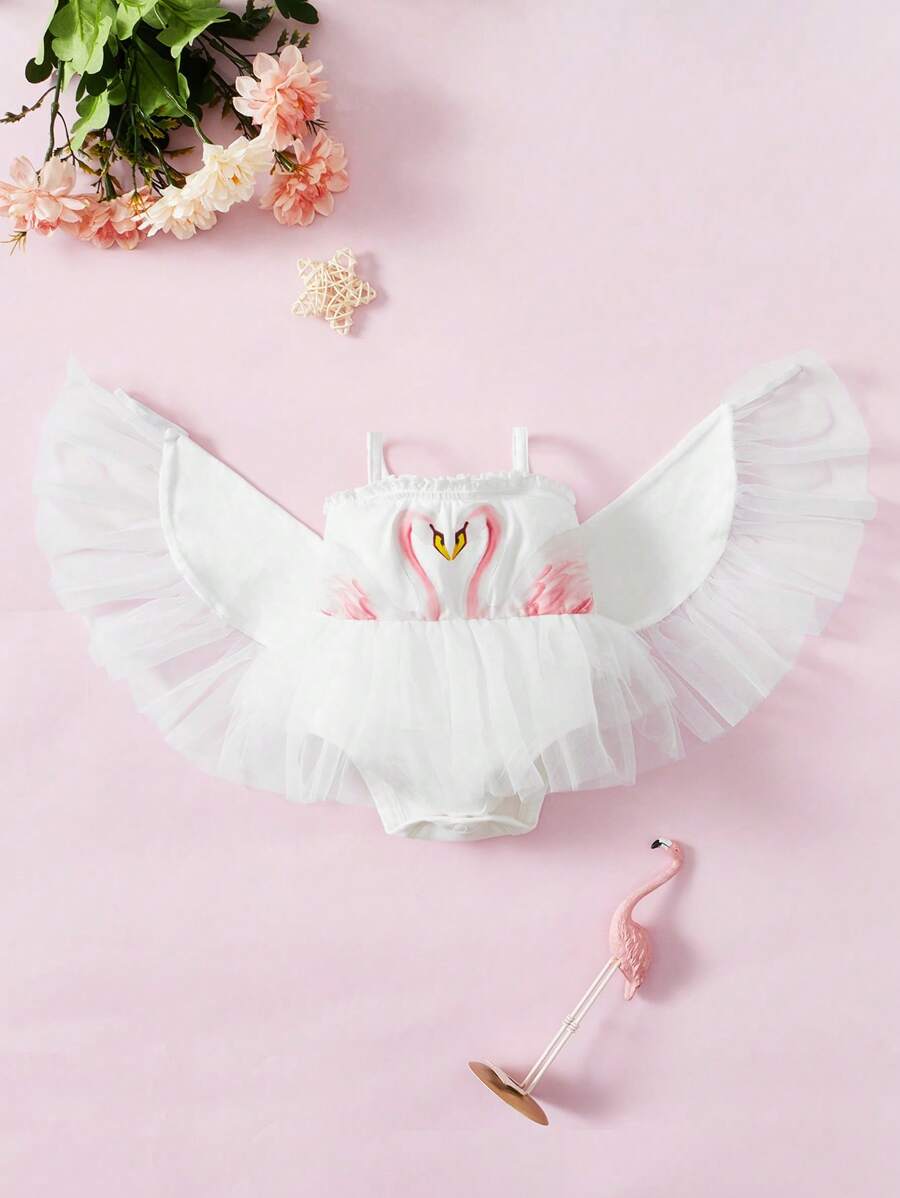 SHEIN 鈕扣 網拼接 揉皺動物嬰兒服 - 白色 - 查看 1