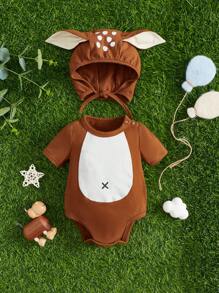 SHEIN Trang phục Em bé Nút Tương phản ràng buộc Khối Màu Hoạt hình - Cà phê nâu - Xem 5