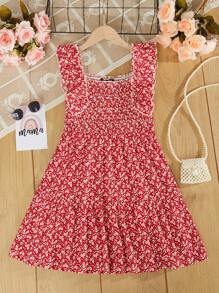 RueChic Chicas Vestido con estampado floral ribete con fruncido - Rojo - Ver 1