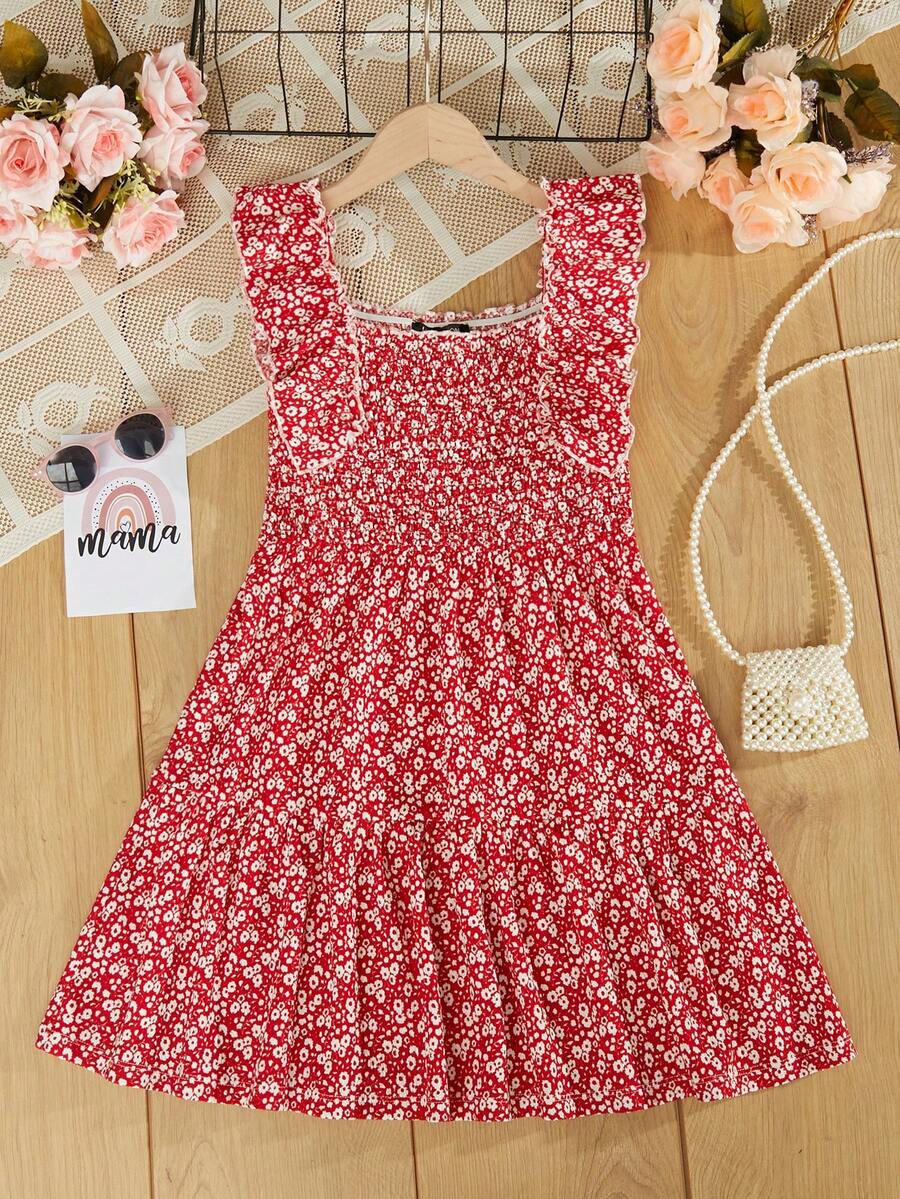 RueChic Chicas Vestido con estampado floral ribete con fruncido - Rojo - Ver 1