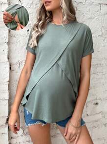 SHEIN Maternity Solid Nursing Tee - Mint Green - View 2