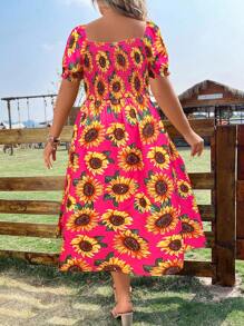 SHEIN Holidaya Plus Sunflower Print Knot Front Puff Sleeve Dress - Multicolor - View 2