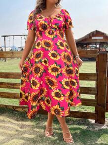 SHEIN Holidaya Plus Sunflower Print Knot Front Puff Sleeve Dress - Multicolor - View 4