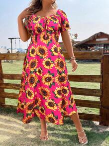 SHEIN Holidaya Plus Sunflower Print Knot Front Puff Sleeve Dress - Multicolor - View 6