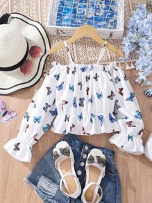 SHEIN Tween Girl Butterfly Print Cold Shoulder Peplum Blouse - White - View 3