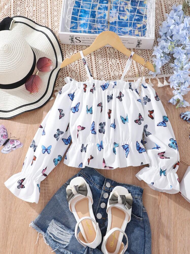 SHEIN Tween Girl Butterfly Print Cold Shoulder Peplum Blouse - White - View 3