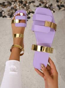 時尚涼拖適用於雙色剪裁設計平底涼鞋 - 紫色 - 查看 1