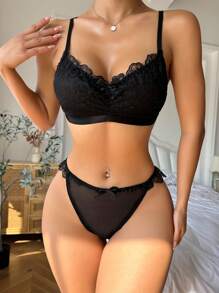 Set de lencería unicolor con encaje en contraste con lazo delantero - Negro - Ver 2