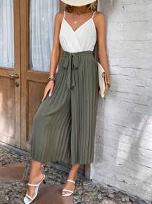 SHEIN Frenchy 雙色百褶腰帶吊帶連體褲 - 綠色 - 查看 4