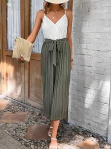 SHEIN Frenchy 雙色百褶腰帶吊帶連體褲 - 綠色 - 查看 6