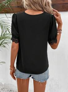 SHEIN Frenchy Contrast Lace Scallop Trim Puff Sleeve Blouse Summer Black - Black - View 2