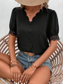 SHEIN Frenchy Contrast Lace Scallop Trim Puff Sleeve Blouse Summer Black - Black - View 4