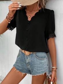 SHEIN Frenchy Contrast Lace Scallop Trim Puff Sleeve Blouse Summer Black - Black - View 5