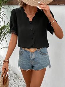SHEIN Frenchy Contrast Lace Scallop Trim Puff Sleeve Blouse Summer Black - Black - View 6