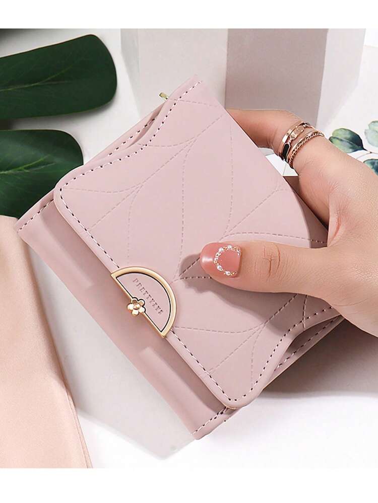 Pink Short PU Leather Floral Decor Trifold Wallet, Metal Clasp, Compact Cash Wallet, Suitable For Office Ladies, Can Be Used For University, Work, Business Commute, Office, Also As Anniversary, Birthday, Valentine's Day Gift, Business & Casual Gift