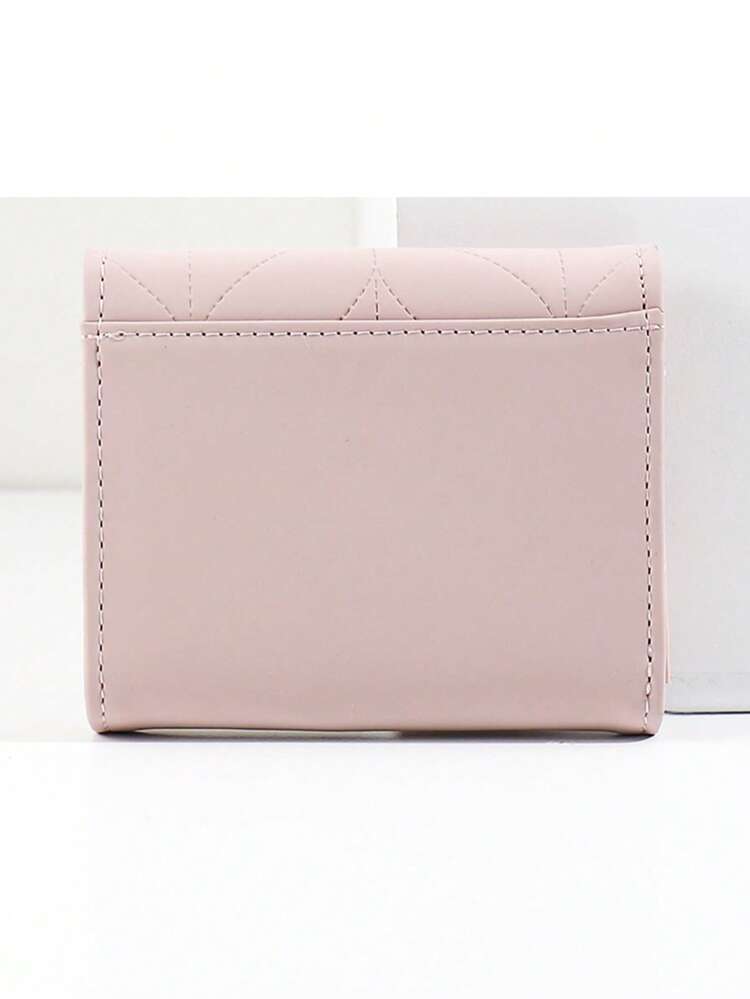 Pink Short PU Leather Floral Decor Trifold Wallet, Metal Clasp, Compact Cash Wallet, Suitable For Office Ladies, Can Be Used For University, Work, Business Commute, Office, Also As Anniversary, Birthday, Valentine's Day Gift, Business & Casual Gift