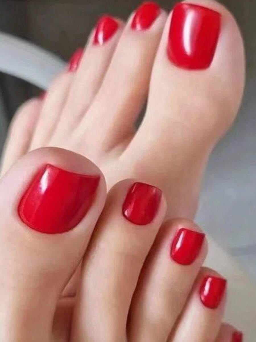 Upgrade Your Look With 24pcs Solid Minimalist Short Square Plain Full Cover Fake Toenail Press On Toenail Kit Press On Nails Nail Supplies - Red - View 1