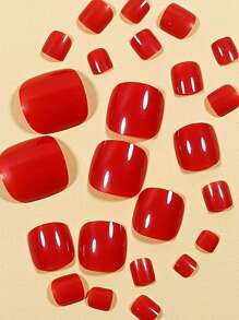 Upgrade Your Look With 24pcs Solid Minimalist Short Square Plain Full Cover Fake Toenail Press On Toenail Kit Press On Nails Nail Supplies - Red - View 5