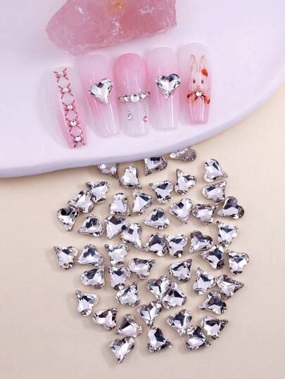 50 قطعة من الزينة الحرفية ثلاثية الأبعاد على شكل قلب من الزجاج والراتنج للحب، إكسسوارات مانيكير مرصعة بالراين ستون، لوازم الأظافر DIY