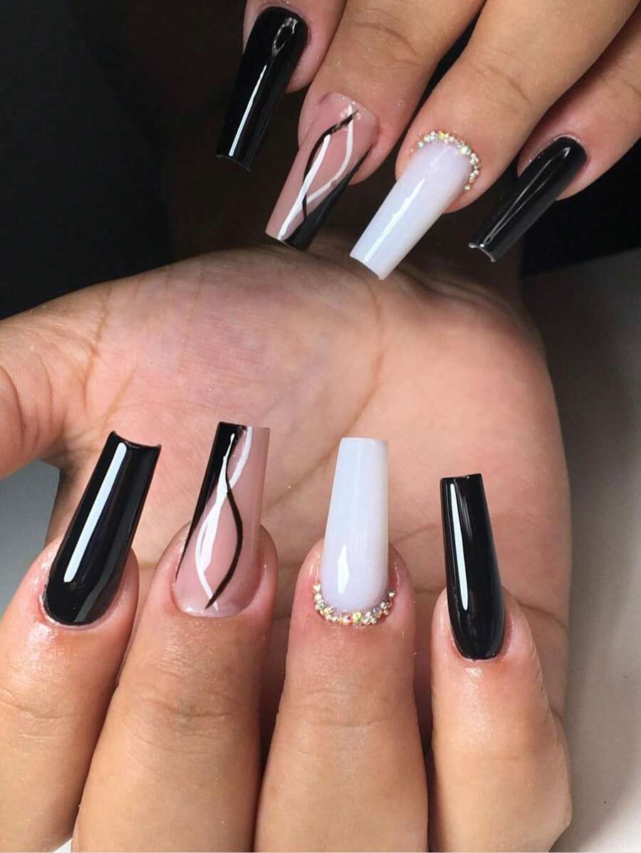 使用 24 件簡單漩渦長棺材 3D 水鑽裝飾按壓指甲全罩假指甲套件升級您的造型 - 彩色 - 查看 1