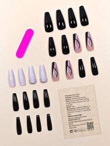 使用 24 件簡單漩渦長棺材 3D 水鑽裝飾按壓指甲全罩假指甲套件升級您的造型 - 彩色 - 查看 2