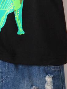 SHEIN 年轻男孩黑色恐龙印花圆领短袖T恤搭配休闲牛仔短裤，简约时尚，适合春夏 - 黑色 - 查看 6