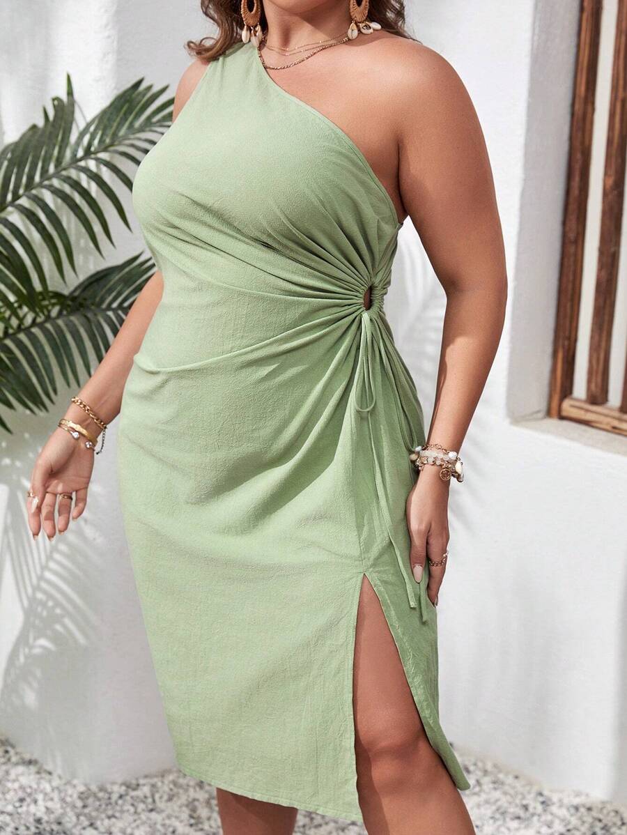SHEIN VCAY Plus One Shoulder Twist Side Split Thigh Dress - Mint Green - View 1