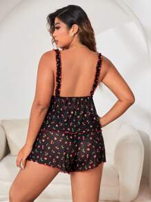 Plus Allover Cherry Print Frill Trim PJ Set / Pajama Set - Black - View 2