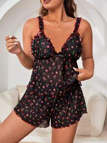 Plus Allover Cherry Print Frill Trim PJ Set / Pajama Set - Black - View 4