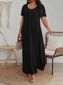 SHEIN VCAY Plus Solid Scoop Neck Dress - Black - View 3