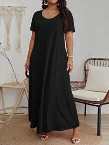 SHEIN VCAY Plus Solid Scoop Neck Dress - Black - View 4