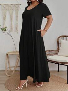 SHEIN VCAY Plus Solid Scoop Neck Dress - Black - View 5