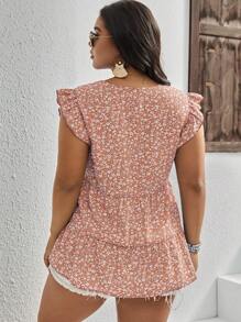 SHEIN VCAY Áo sơ mi Plus Size Xù Viên lá sen Họa tiết hoa Boho - trái cam - Xem 2