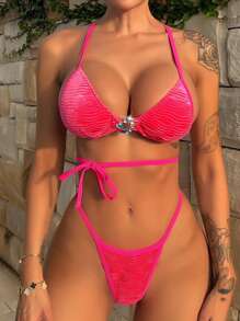 SHEIN SXY Bañador bikini triángulo halter vinculado con aro - Rosa Fucsia - Ver 1