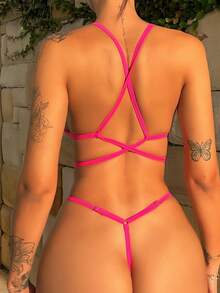 SHEIN SXY Bañador bikini triángulo halter vinculado con aro - Rosa Fucsia - Ver 2