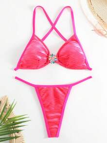SHEIN SXY Bañador bikini triángulo halter vinculado con aro - Rosa Fucsia - Ver 5