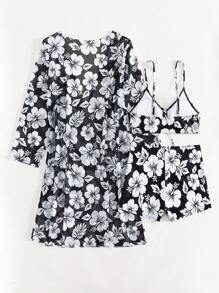 SHEIN Swim Lushore 女士夏季服装夏季海滩花卉印花比基尼套装和服 - 黑與白 - 查看 4