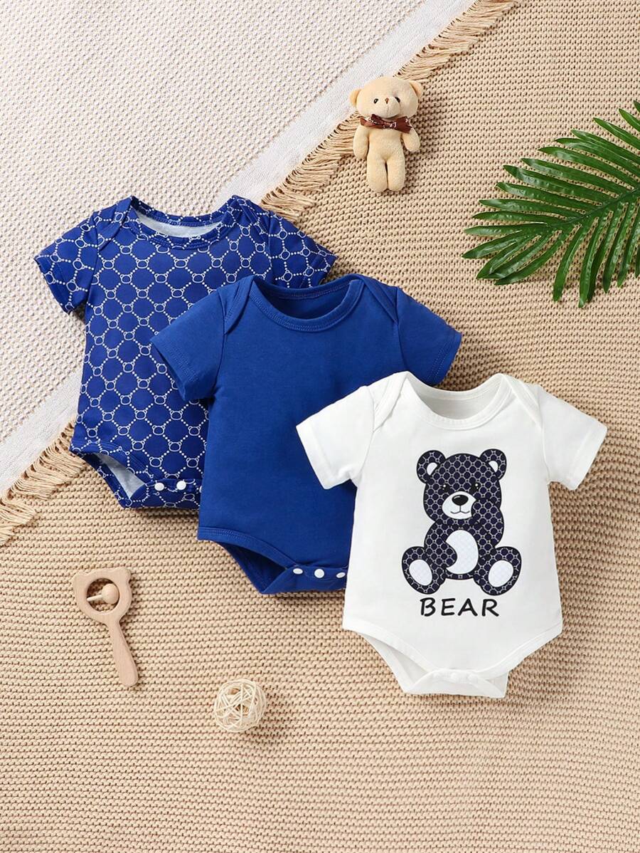 SHEIN Bodysuits Em bé Nút Hoạt hình Hình học - Xanh và trắng - Xem 1